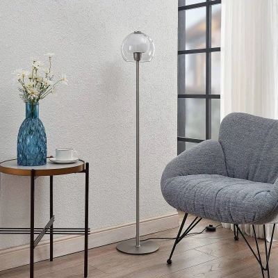 Afbeelding van Lucande vloerlamp 1licht ijzer, glas H: 126.5 cm E27 nikkel, wit, rookgrijs