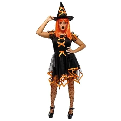 Afbeelding van Rubies Neon koekoek heksenkostuum voor dames, jurk en hoed, kleur oranje, officieel Halloween, carnaval, feest cospplay