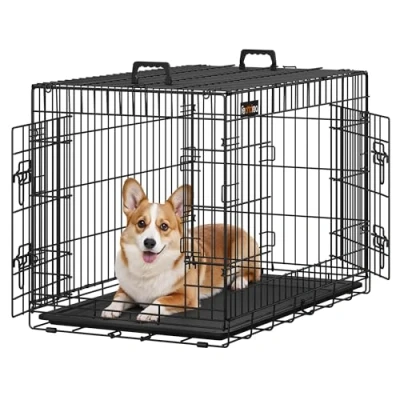 Afbeelding van Songmics Heavy Duty Grote Opvouwbare Hondenbench Opvouwbaar Bench Voor Hond 2 Deurs Kennel met uitschuifbare Bodem Thuis of in de Auto Autobench Maat: L Afm. 91 x 58 64 cm. Kleur: Zwart