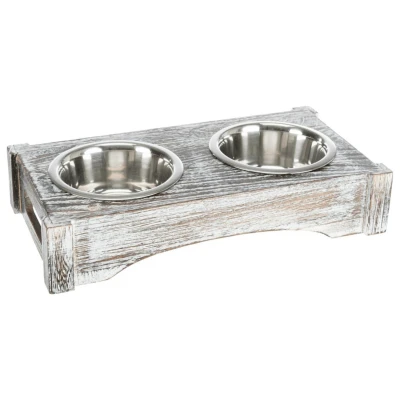 Afbeelding van Trixie voerbak / drinkbak set rvs hout wit (2X450 ML 36X19X7 CM)