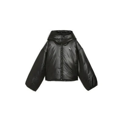 Afbeelding van PUMA Wardrobe Essentials glanzende gewatteerde jas met capuchon voor Dames, Zwart, Maat XS