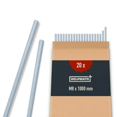 Afbeelding van HELPMATE Schroefdraadstang M8 x 1000 mm van verzinkt staal, 20 stuks metrische draadstangen met volledige schroefdraad, koploze schroeven, weerstandsklasse 4,8, DIN 976
