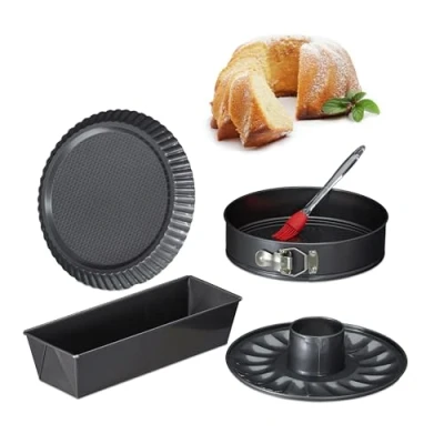 Afbeelding van Relaxdays bakvorm set 5 delig springvorm quichevorm cakevorm tulband bodem kwast