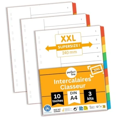 Afbeelding van perfect line 5 stuks, 10 tabbladen DIN A4 extra groot, kleur met voorblad (5 x 10), 24 29,7 cm, XXL registerverdelers, kleuren, perfecte organisatie op kantoor voor ordner
