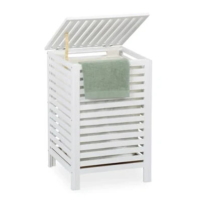 Afbeelding van wasmand met deksel 63 l hout 65,5 x 45 cm waszak wit