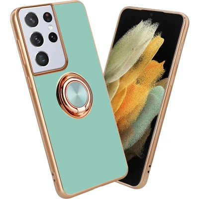 Afbeelding van Cadorabo Hoesje geschikt voor Samsung Galaxy S21 ULTRA in Glossy Turquoise Goud met ring Beschermhoes van flexibel TPU silicone Case Cover camerabescherming en magnetische autohouder