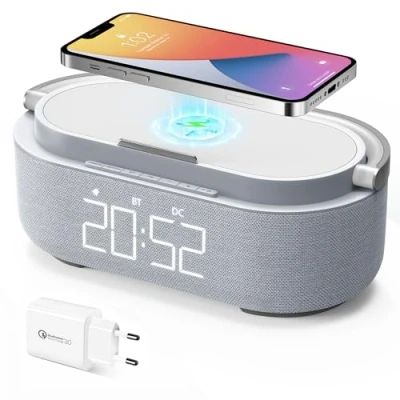 Afbeelding van COLSUR Digitale wekker met draadloos opladen, multifunctionele FM radio USB aansluiting, wekker, ochtendwekker, Bluetooth luidspreker, led display, lamp telefoonhouder