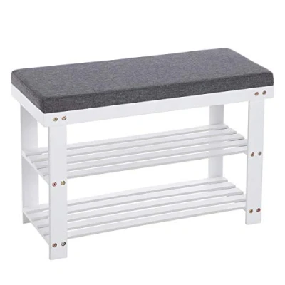 Afbeelding van SONGMICS schoenenrek van bamboe, met 2 planken, bank, voor gangen, woonkamers, zitplaatsen tot 150 kg, 71 x 29 49 cm, witgrijs