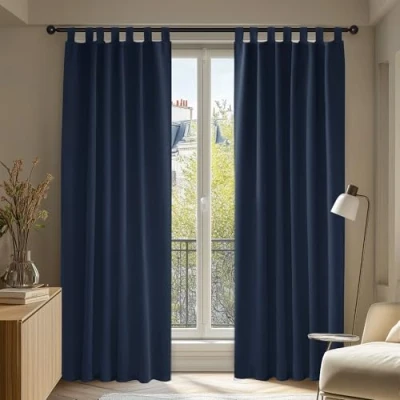 Afbeelding van Deconovo set van 2 ondoorzichtige verduisteringsgordijn, thermische gordijnen, koudebescherming, ondoorzichtig, thermisch gordijn, verduistering, 245 x 140 cm (hoogte breedte), donkerblauw,