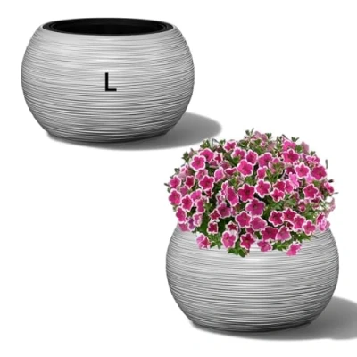 Afbeelding van MELTOM Bloempot, kunststof, met uitneembare binnenpot, rond, gegroefd, grijs, maat L