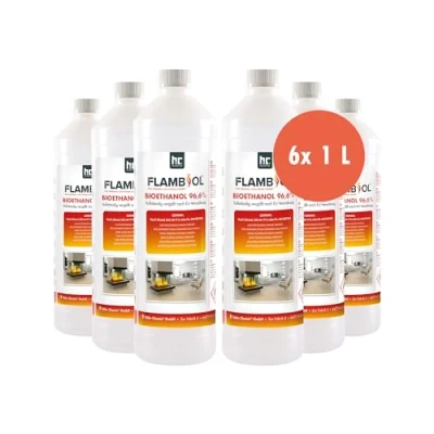 Afbeelding van FLAMBIOL Bio ethanol 96,6% premium 6 x 1 l voor tafelhaard, open haard en tuindecoratie zonder rook roet op basis van maïs bieten