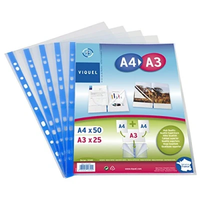 Afbeelding van Viquel Set van 25 A4 kunststof insteekhoezen om te zetten in A3 hoezen Hoekopening Transparante Versterkte rand Premium kwaliteit
