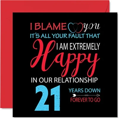 Afbeelding van Grappige verjaardagskaart voor echtgenoot en echtgenote Your Fault I&#039;m Extremely Happy wenskaart de 21e trouwdag partner, 145 mm x 1e verjaardag