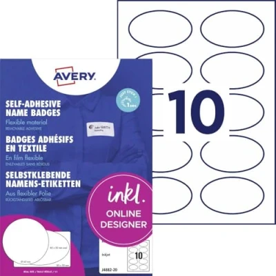Afbeelding van Avery Zweckform Zelfklevende Naambadges, Ovaal 85 X 50 Mm, Wit, Inkjet, 200 Etiketten, 20 Vellen Tafelnaamhouder