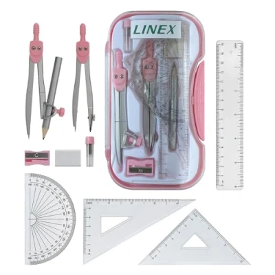 Afbeelding van Linex Roze geometrie kit voor examens, middelbare school, 10 stuks, kompas, gradenboog