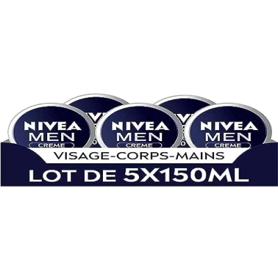 Afbeelding van NIVEA MEN 3 in 1 vochtinbrengende crème (5 x 150 ml), voedende gezichts , lichaams en handcrème voor mannen, hydraterende verzorging verrijkt met vitamine E glycerine