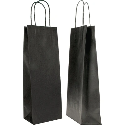 Afbeelding van 10 x Wijntas 14+8x39cm voor 1 Fles Zwart /Flestas papier / Cadeauverpakking /draagtas Fles/wijn Fleszak · zak