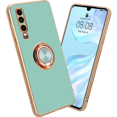 Afbeelding van Cadorabo Hoesje geschikt voor Huawei P30 in Glossy Turquoise Goud met ring Beschermhoes van flexibel TPU silicone Case Cover camerabescherming en magnetische autohouder