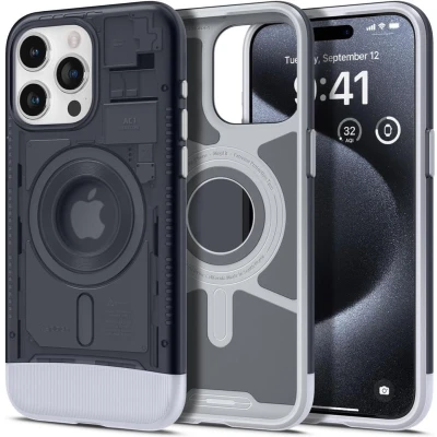 Afbeelding van Spigen Classic C1 MagFit Hoesje Geschikt voor Apple iPhone 15 Pro Compatibel met MagSafe Retro Back Cover Grijs