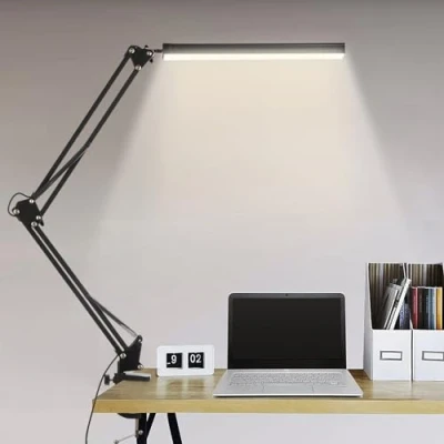 Afbeelding van BIENSER Bureaulamp LED Klembaar, 1100LM Draaiarm Architectenlamp, Bureau Tafellamp met 3 Kleuren en 10 Helderheidsniveaus Dimbaar, Oogbescherming Klemlamp, Geheugenfunctie, Inclusief 5V/2A Stekker