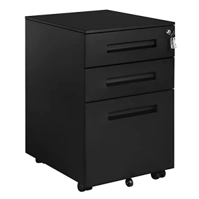Afbeelding van WOLTU Bureaubox opbergdoos met sloten en wielen voor studio kantoor, opbergkast, metalen behuizing 3 laden mappen, zwart SK023sz