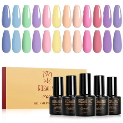 Image de ROSALIND Vernis Semi permanent Pastel,12 Couleurs Macaron Bleu Vert Violet Rose Jaune Nude Gel UV Permanent,Printemps D&#039;été à Ongles Soak off UV/LED Manucure Kit