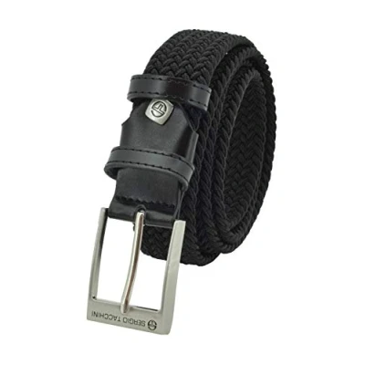 Afbeelding van Sergio Tacchini Gevlochten riem voor dames en heren, van elastische stof met inzetstukken echt leer, geschenkdoos, zwart.
