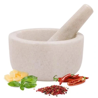 Afbeelding van H&amp;S vijzel met stamper set Ø 18 cm Keuken accessoires Vijzels om kruiden noten of medicijnen te malen Maak pesto guacamole Wit marmer