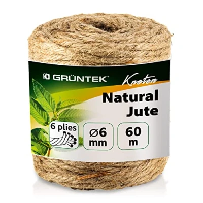 Afbeelding van GRÜNTEK Natuurlijk jute touw, hennep, sisal krabpaal kat, 6 mm, tuinieren, decoratie, 1 rol jute, 60 m