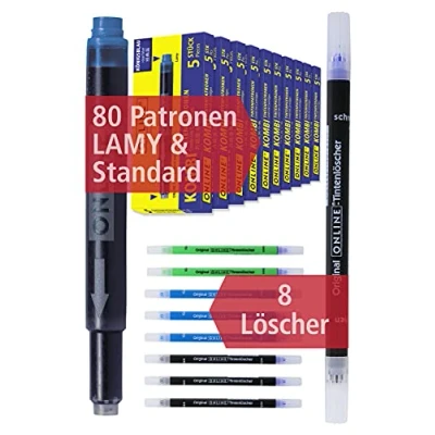 Afbeelding van Online 80 stuks Lamy inktpatronen compatibel blauw en 8 inktwissers, voor alle gangbare pennen, uitwisbaar, wasbaar, ook rollerpennen met inktpatroon