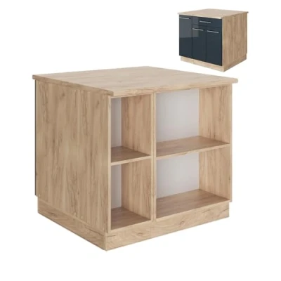Afbeelding van Vicco Keukeneiland Fame Line, Donkerblauw hoogglans/gouden eik, 90 cm met lade, zonder werkblad