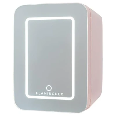 Afbeelding van Flamingueo mini koelkast, 10 l, kleine koelkast met spiegel en led, 12 V/220 V, voor de slaapkamer, warme koude functie, cosmetica, Skincare