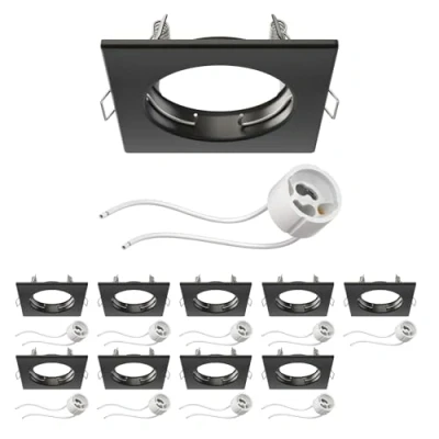 Afbeelding van ledscom.de 10 stuks inbouwframe voor plafond RIR mat zwart vierkant (LED/halogeen/GU10/MR16/PAR16/50mm) incl. GU10 fitting