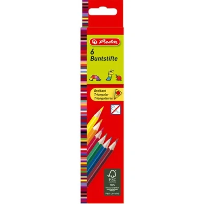 Image de HERLITZ Crayons de couleur triangulaures, étui carton 6 en tilleul, laqués, assortis dans les couleurs jaune, orangerouge, vert, bleu, marron (10412013)