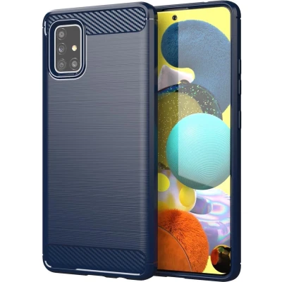Afbeelding van Cadorabo Hoesje geschikt voor Samsung Galaxy A51 5G in BRUSHED BLAUW Beschermhoes van flexibel TPU siliconen roestvrij staal carbonvezel look Case Cover