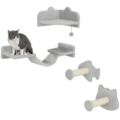 Afbeelding van PawHut Kattenklimwand, 4 stuks, kattenmeubels met treden, ladder, springtoren, kattenbomen, speelbal, sisal, voor katten tot 5 kg, lichtgrijs