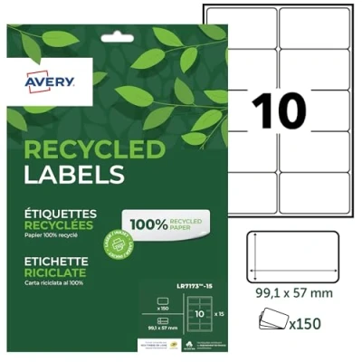 Image de AVERY 150 Étiquettes Autocollantes Blanches Personnalisables 100% Recyclées Format 99,1 x 57 mm Impression Laser et Jet d&#039;Encre