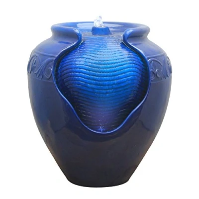 Afbeelding van Teamson Home Buiten Tuin Vloer Water Fontein Waterornament Geglazuurd Pot Ontwerp Tuindecoratie Met Pomp Blauw