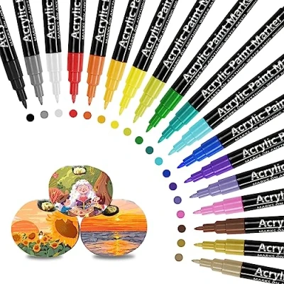 Afbeelding van Relota Acrylverfmarker, 18 kleuren, sneldrogend, acrylvilt, aquarelstiften, permanente acrylmarker, metallic viltstift voor steen, hout, glas, kunststof, canvas