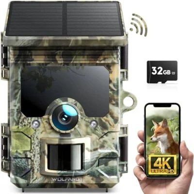 Afbeelding van WOLFANG jachtcamera op zonne energie, 4 K, 46 MP, wifi, bluetooth, met micro SD kaart, U3, 32 GB, nachtzicht, IP66, waterdicht, voor bewaking van wilde dieren en veiligheid binnenshuis