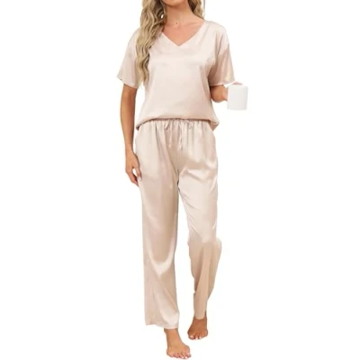 Afbeelding van Reliwel Satijnen pyjama voor dames, 2 delig, elegant, zijde, pyjamaset, nachtkleding, overall, T shirt met korte mouwen en zachte pyjamabroek, iedereen, zwart.