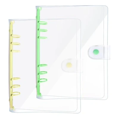 Afbeelding van DY.2ten A5 ordnerhoezen van zacht pvc, transparant, 6 gaten, drukknoopsluiting, navulbaar, transparante omslag en map lichtpaars/wit, 2 stuks