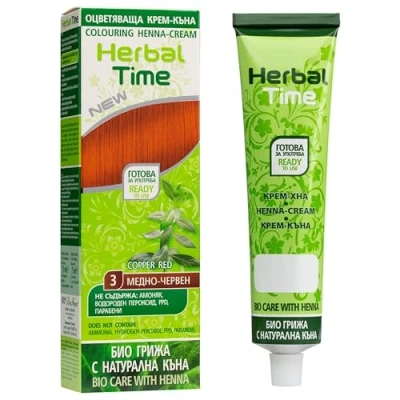 Afbeelding van Herbal Time Haarkleurcrème met henna, natuurlijk, dekt wit haar, semi permanente haarkleur, zonder ammoniak, sulfaten en parabenen, koperrood 3, 75 ml