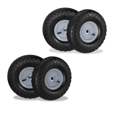 Image de Relaxdays Lot de 4 roues brouette 4.10 3.50 4, pneus pneumatiques, jante en acier, 136 kg, roue rechange, noir/gris