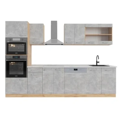 Afbeelding van Vicco Complete keukeneenheid R Line, Beton/gouden eik, 300 cm met hoge kast, WB Marmer
