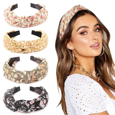 Afbeelding van DRESHOW Hoofdbanden voor vrouwen en meisjes, bloemenprint, kunststof, geknoopt, hoofdband, mode, boho, grote haarspelden, antislip, haaraccessoires