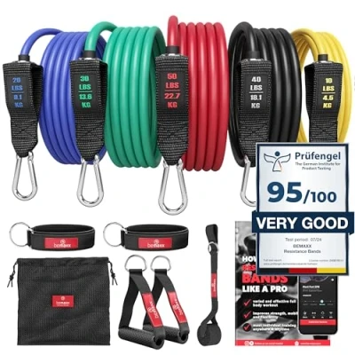 Afbeelding van Resistance Bands Weerstandsbanden Fitness Set + Trainings eBook Expander Tubes Elastische Work Out Power Weerstand Banden: 5 Elastiek, Handvaten, Deuranker, Enkelbanden Krachttraining Gym