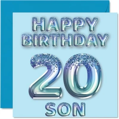 Afbeelding van Verjaardagskaart voor zoon 20 jaar, blauwe glitterballonnen, verjaardagskaarten jarige van mama en papa, 145 mm x