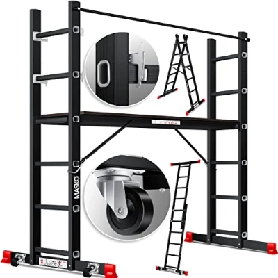 Afbeelding van MASKO® Kamersteiger Aluminium Steiger 2,75m Multifunctionele Ladder Belastbaar tot 150 KG Werkplatform Zwart