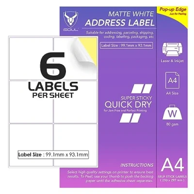 Afbeelding van 6 etiketten per vel A4, 50 vellen met elk 300 bedrukbare zelfklevende etiketten, iSOUL mat zelfklevend papier voor adres, verzending, frankering, laserprinter en inkjetprinter [drogen